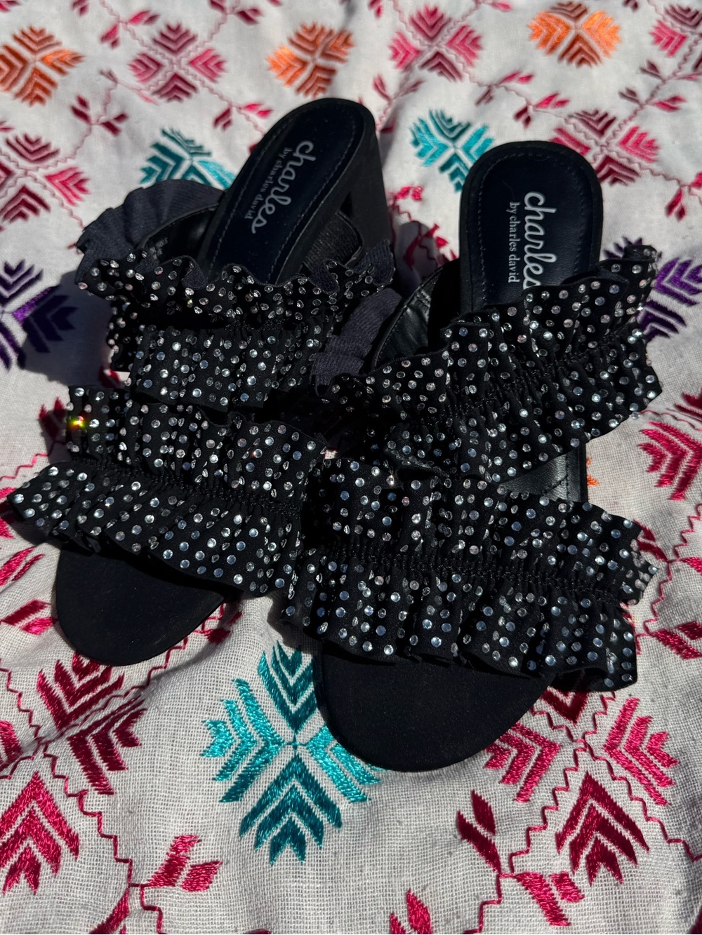 Charles David Black Embellished Ruffle Slide Sandals